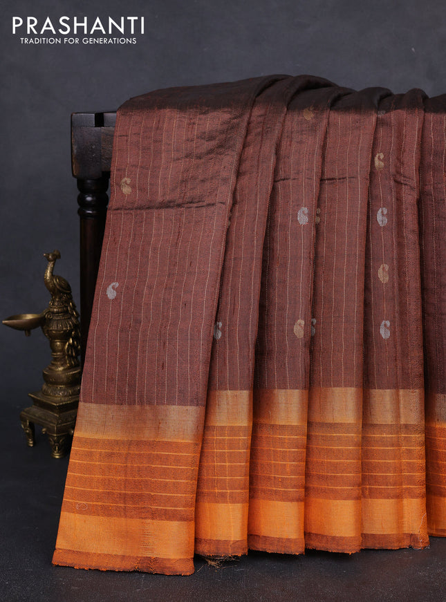 Pure dupion silk saree rust shade and orange with allover zari stripe & buttas and rettapet zari woven border
