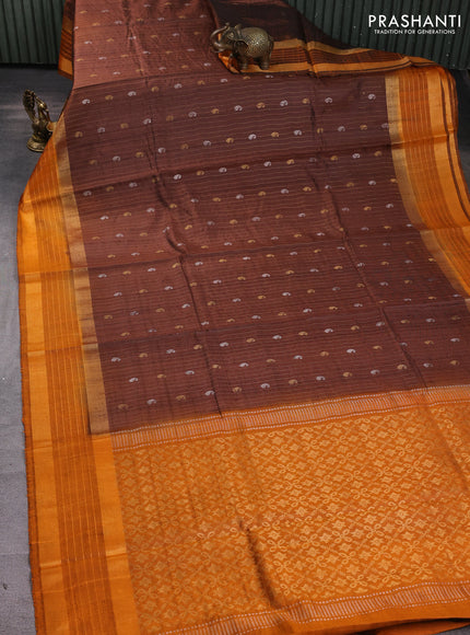 Pure dupion silk saree rust shade and orange with allover zari stripe & buttas and rettapet zari woven border