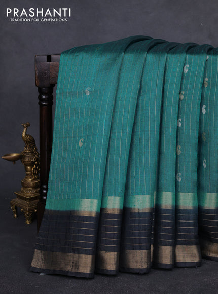 Pure dupion silk saree teal blue and black with allover zari stripe & buttas and rettapet zari woven border