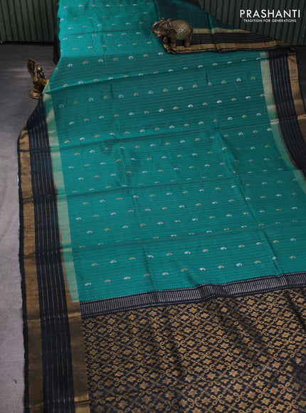 Pure dupion silk saree teal blue and black with allover zari stripe & buttas and rettapet zari woven border