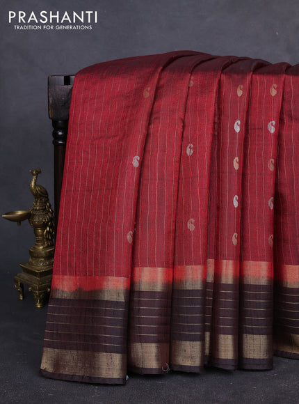 Pure dupion silk saree red and coffee brown with allover zari stripe & buttas and rettapet zari woven border