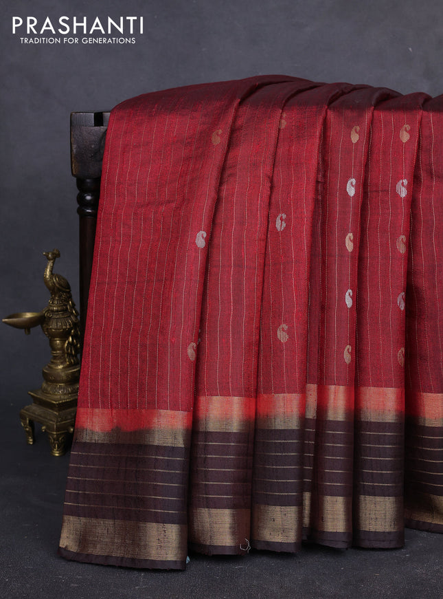 Pure dupion silk saree red and coffee brown with allover zari stripe & buttas and rettapet zari woven border