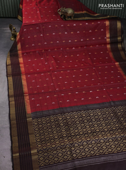 Pure dupion silk saree red and coffee brown with allover zari stripe & buttas and rettapet zari woven border