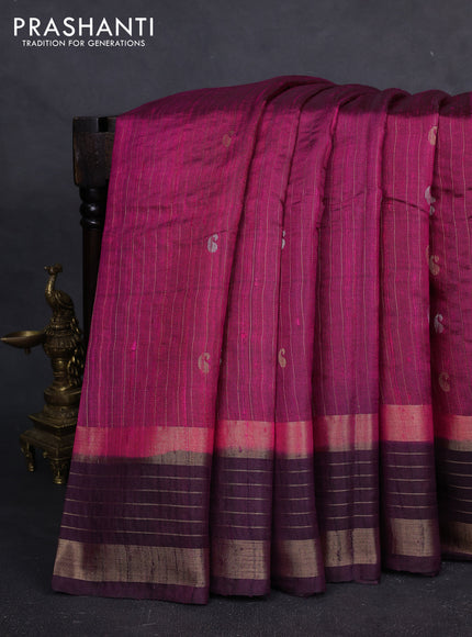 Pure dupion silk saree pink and deep wine with allover zari stripe & buttas and rettapet zari woven border