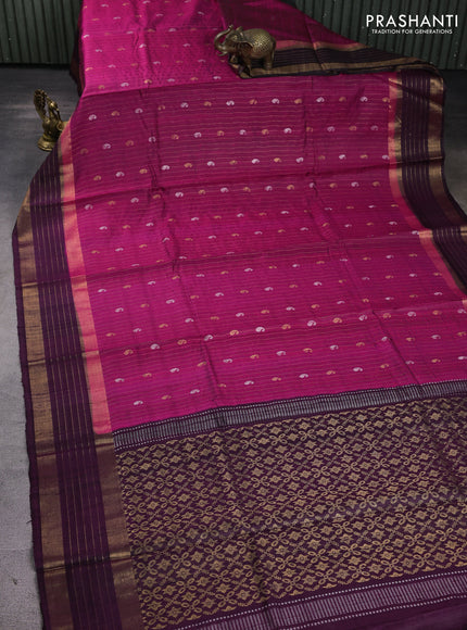 Pure dupion silk saree pink and deep wine with allover zari stripe & buttas and rettapet zari woven border