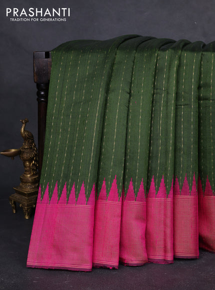 Pure dupion silk saree mehendi green and pink with allover zari woven buttas and temple design zari woven border