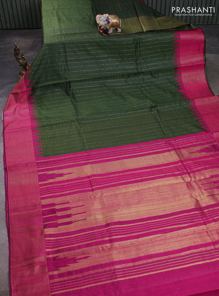 Pure dupion silk saree mehendi green and pink with allover zari woven buttas and temple design zari woven border