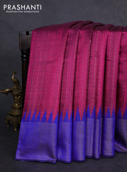 Pure dupion silk saree pink and blue with allover zari woven buttas and temple design zari woven border