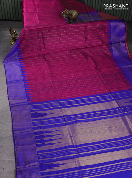 Pure dupion silk saree pink and blue with allover zari woven buttas and temple design zari woven border
