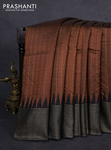 Pure dupion silk saree dark mustard and black with allover zari woven buttas and temple design zari woven border