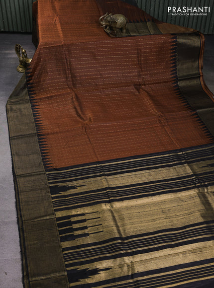 Pure dupion silk saree dark mustard and black with allover zari woven buttas and temple design zari woven border