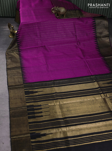 Pure dupion silk saree purple and black with allover zari woven buttas and temple design zari woven border