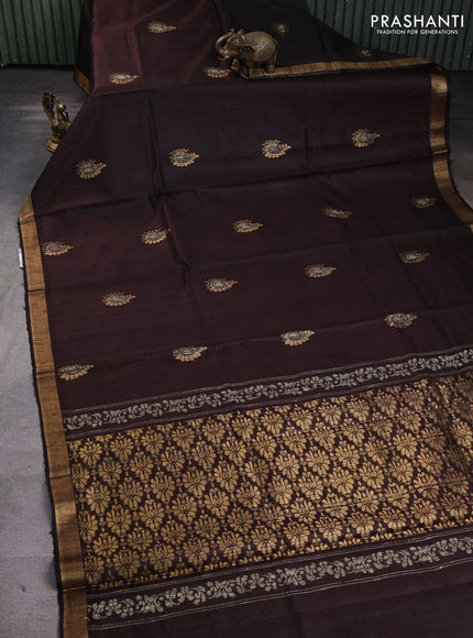 Pure dupion silk saree coffee brown with thread & zari woven buttas and zari woven border