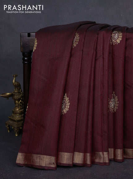 Pure dupion silk saree deep maroon with thread & zari woven buttas and zari woven border