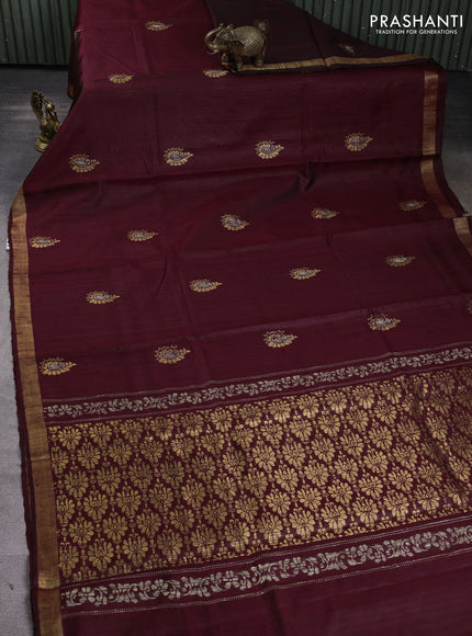 Pure dupion silk saree deep maroon with thread & zari woven buttas and zari woven border