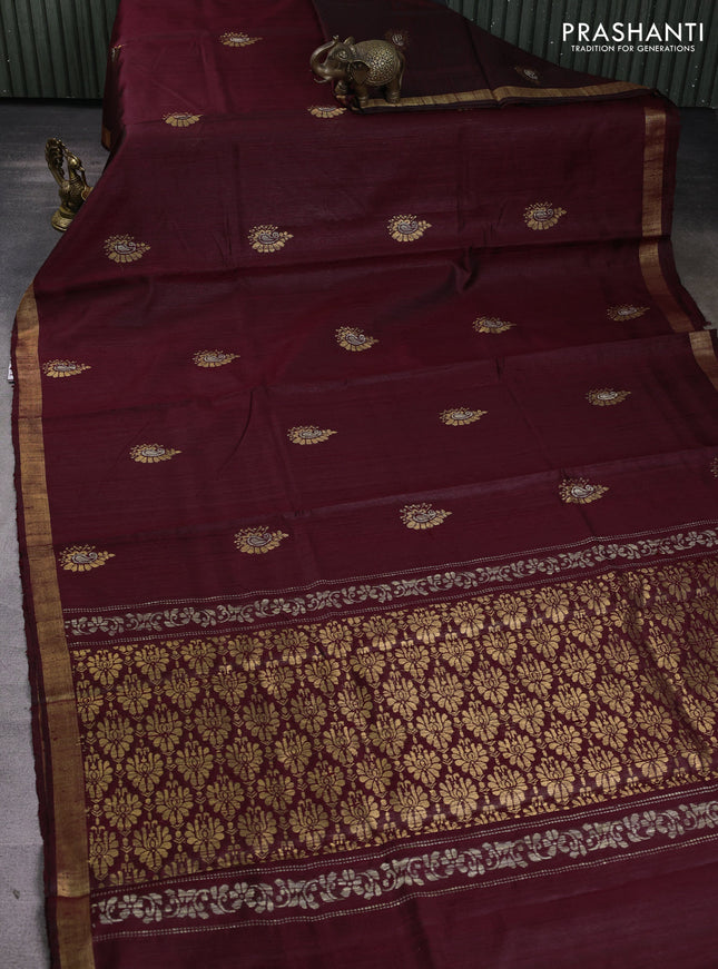 Pure dupion silk saree deep maroon with thread & zari woven buttas and zari woven border