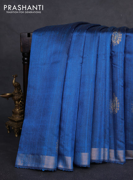 Pure dupion silk saree blue with thread & zari woven buttas and zari woven border