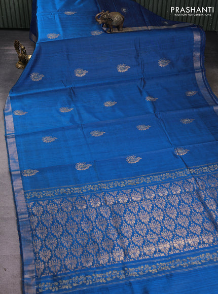 Pure dupion silk saree blue with thread & zari woven buttas and zari woven border