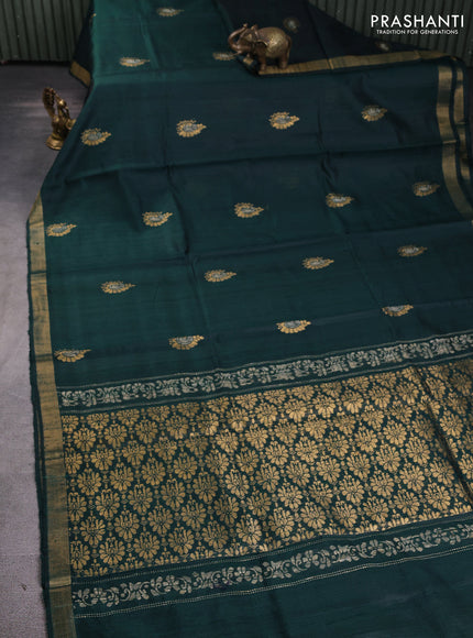 Pure dupion silk saree peacock green with thread & zari woven buttas and zari woven border
