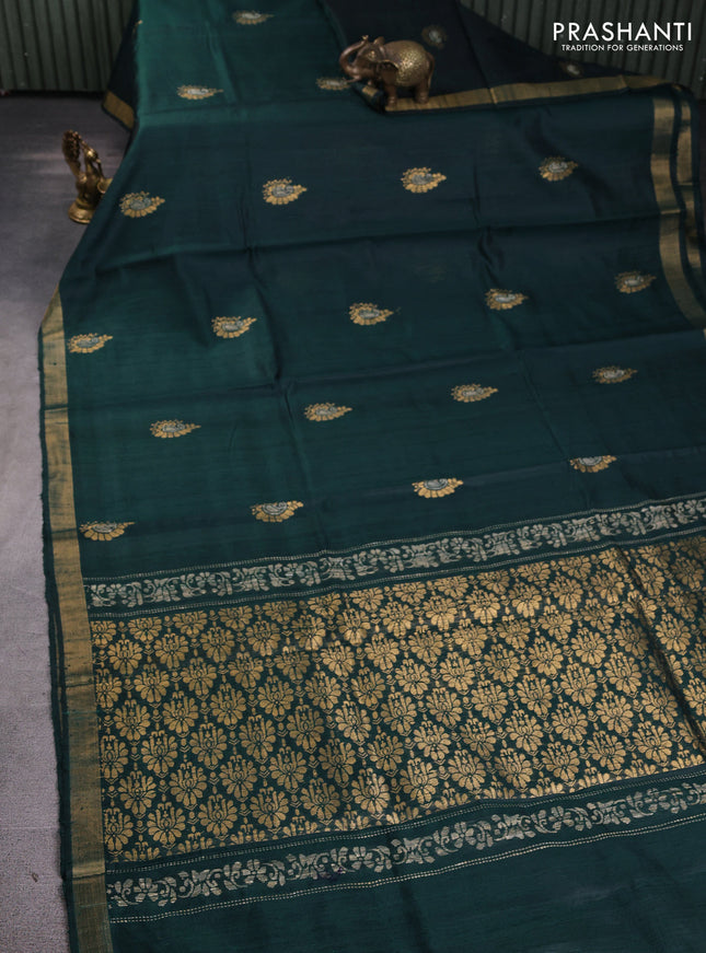 Pure dupion silk saree peacock green with thread & zari woven buttas and zari woven border