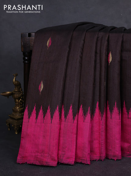 Pure dupion silk saree coffee brown and magenta pink with thread & zari woven buttas and temple design simple border