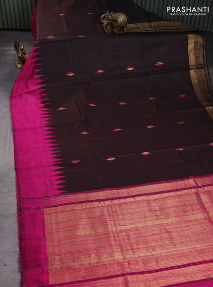 Pure dupion silk saree coffee brown and magenta pink with thread & zari woven buttas and temple design simple border