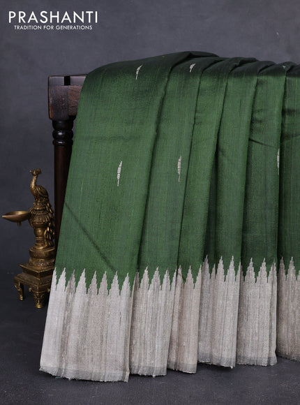 Pure dupion silk saree sap green and beige with thread & zari woven buttas and temple design simple border