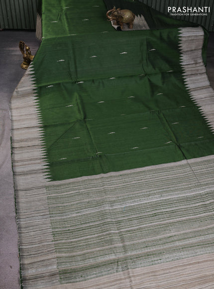 Pure dupion silk saree sap green and beige with thread & zari woven buttas and temple design simple border