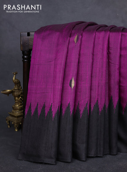 Pure dupion silk saree magenta pink and black with thread & zari woven buttas and temple design simple border