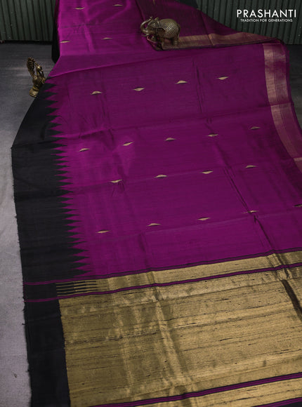Pure dupion silk saree magenta pink and black with thread & zari woven buttas and temple design simple border