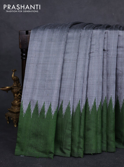 Pure dupion silk saree grey and green with thread & zari woven buttas and temple design simple border