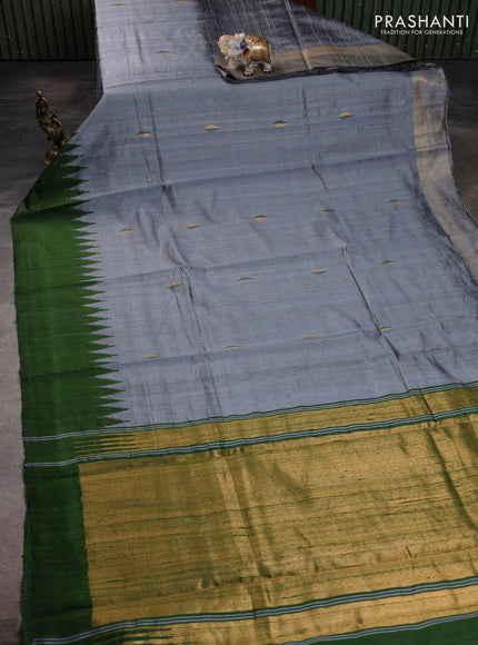 Pure dupion silk saree grey and green with thread & zari woven buttas and temple design simple border