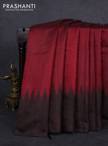 Pure dupion silk saree maroon and black with thread & zari woven buttas and temple design simple border