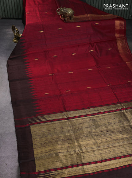 Pure dupion silk saree maroon and black with thread & zari woven buttas and temple design simple border