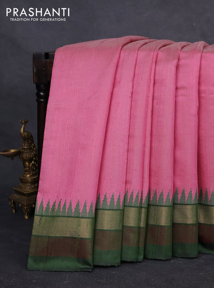 Pure dupion silk saree peach pink and bottle green with plain body and temple design zari woven simple border