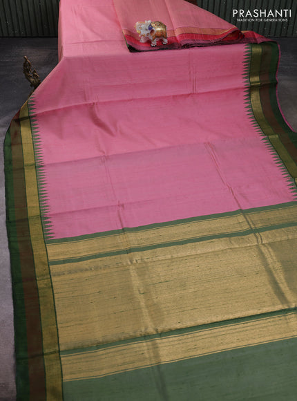 Pure dupion silk saree peach pink and bottle green with plain body and temple design zari woven simple border