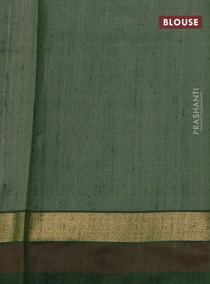 Pure dupion silk saree peach pink and bottle green with plain body and temple design zari woven simple border