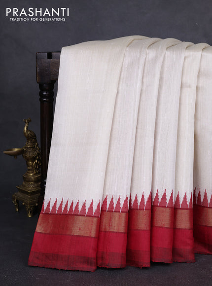 Pure dupion silk saree off white and red with plain body and temple design zari woven simple border