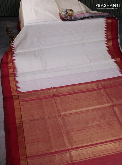 Pure dupion silk saree off white and red with plain body and temple design zari woven simple border