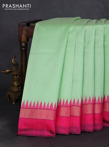 Pure dupion silk saree pista green and pink with plain body and temple design zari woven simple border