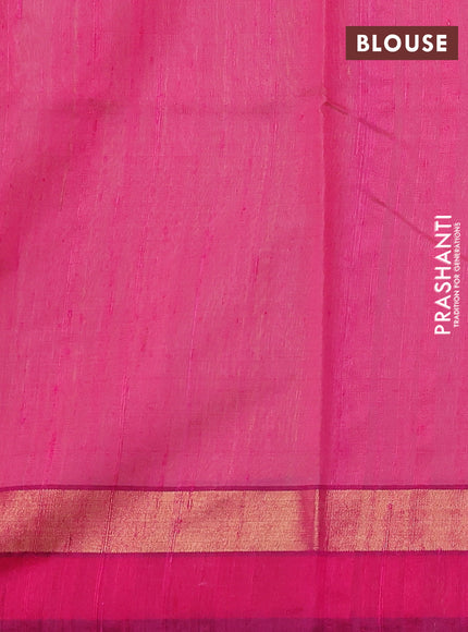 Pure dupion silk saree pista green and pink with plain body and temple design zari woven simple border