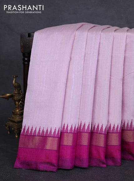 Pure dupion silk saree mild lavender and purple with plain body and temple design zari woven simple border