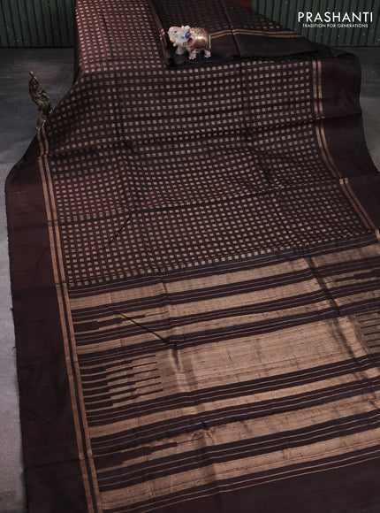 Pure dupion silk saree coffee brown with allover zari woven buttas and zari woven simple border