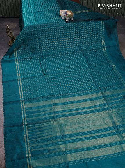Pure dupion silk saree peacock green with allover zari woven buttas and zari woven simple border