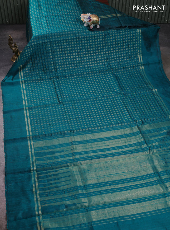 Pure dupion silk saree peacock green with allover zari woven buttas and zari woven simple border