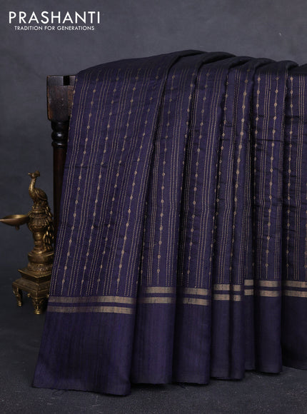 Pure dupion silk saree navy blue with allover zari stripe & buttas and zari woven simple border