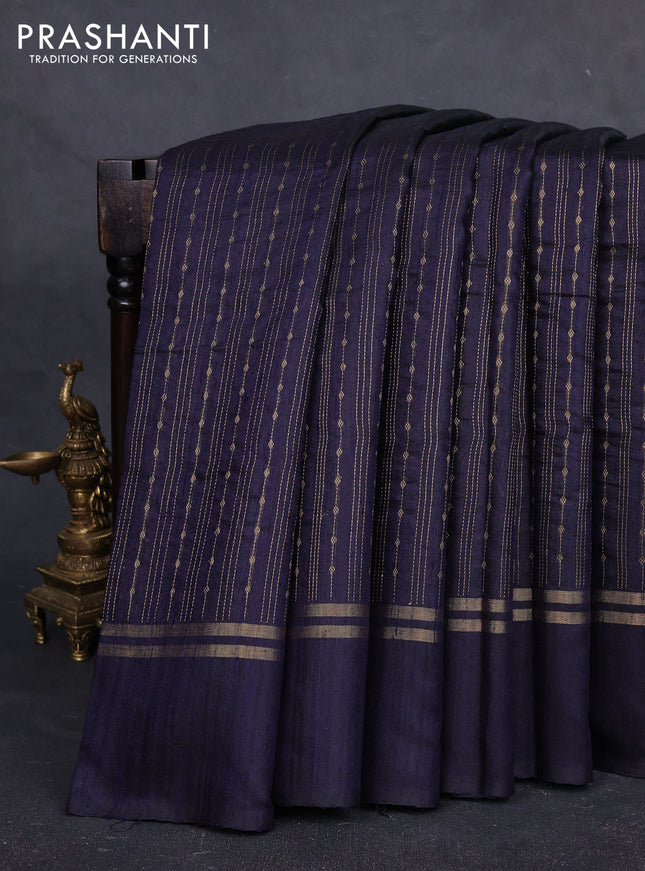 Pure dupion silk saree navy blue with allover zari stripe & buttas and zari woven simple border