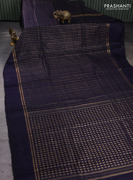 Pure dupion silk saree navy blue with allover zari stripe & buttas and zari woven simple border