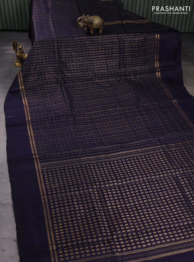 Pure dupion silk saree navy blue with allover zari stripe & buttas and zari woven simple border