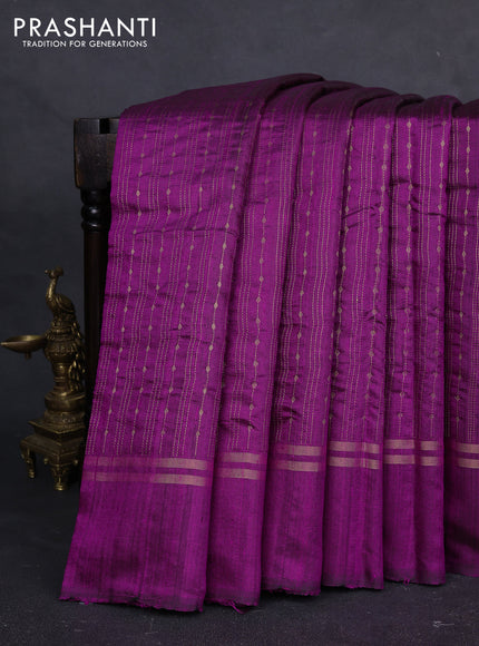 Pure dupion silk saree dark megenta with allover zari stripe & buttas and zari woven simple border